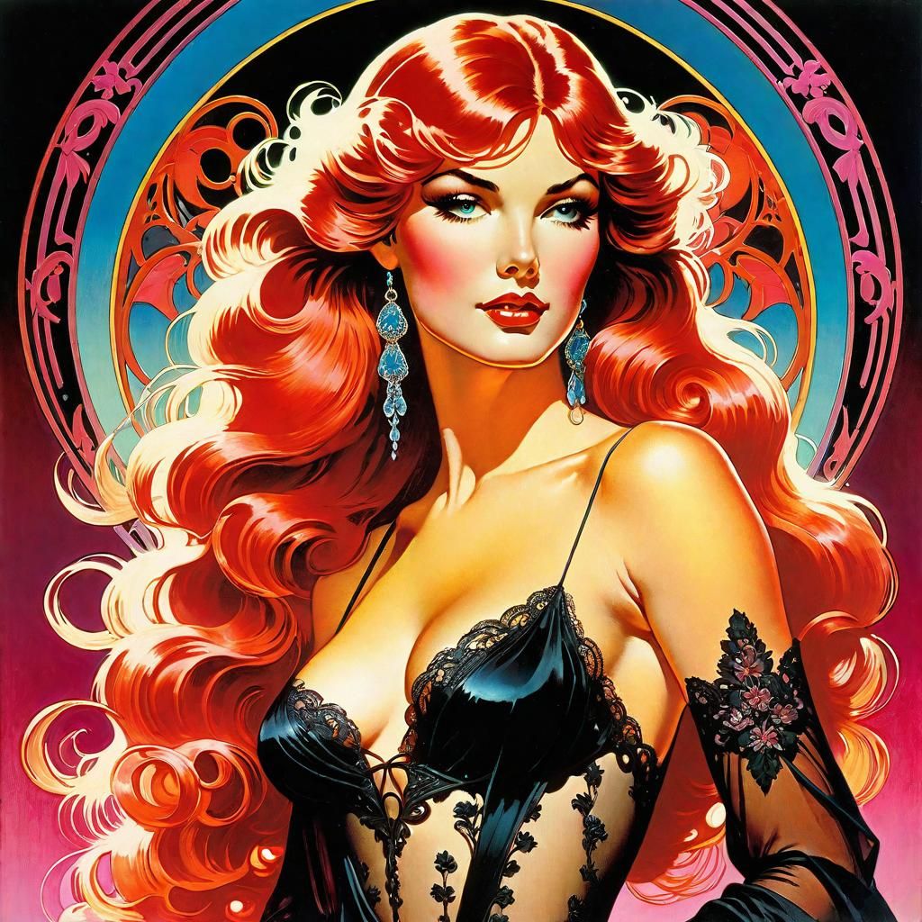 Art Nouveau Woman in Crimson Lace, Synthwave Neon