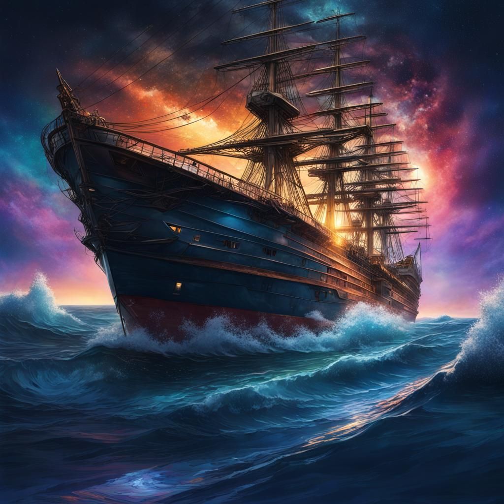 Hyperrealistic Ship at Sea Under Night Sky