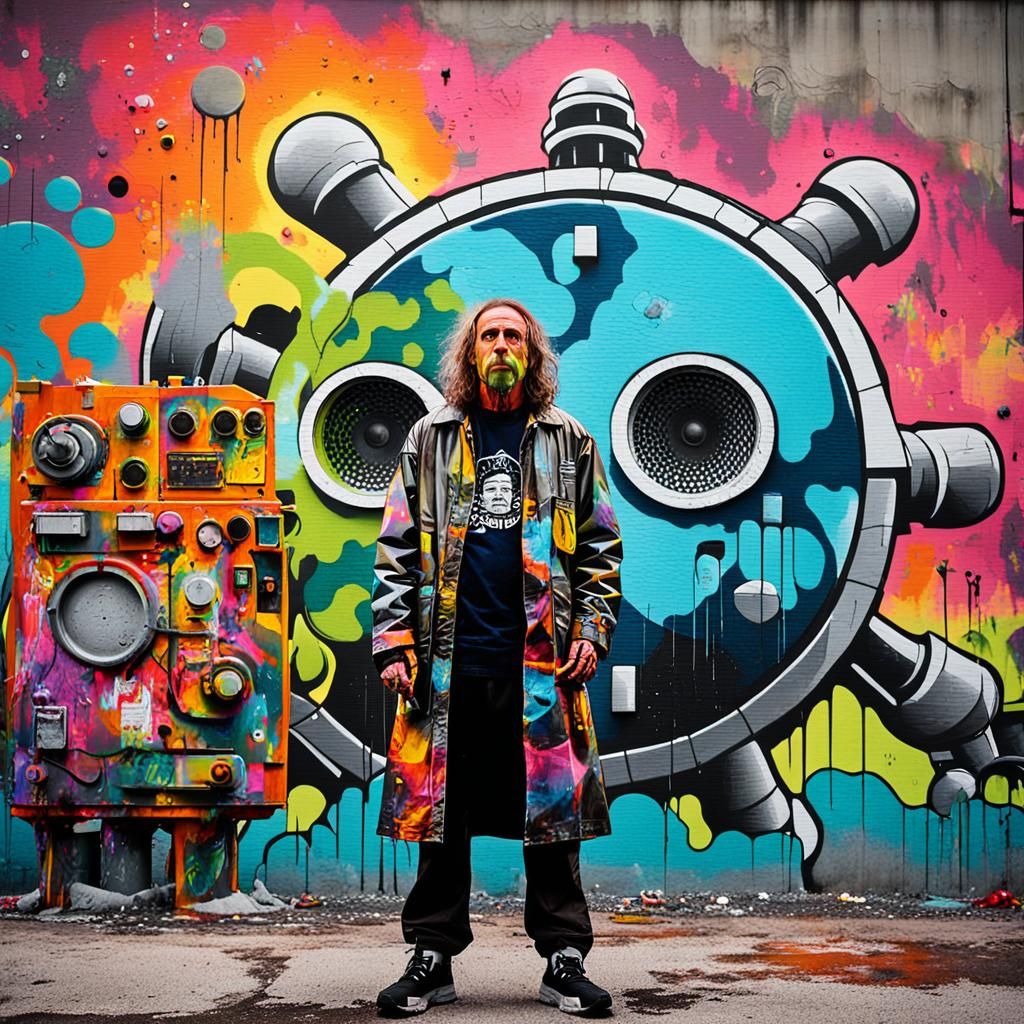 Zaphod Beeblebrox causing a nuclear incident, graffiti art, splash art, street art, spray paint, oil gouache melting, ac...