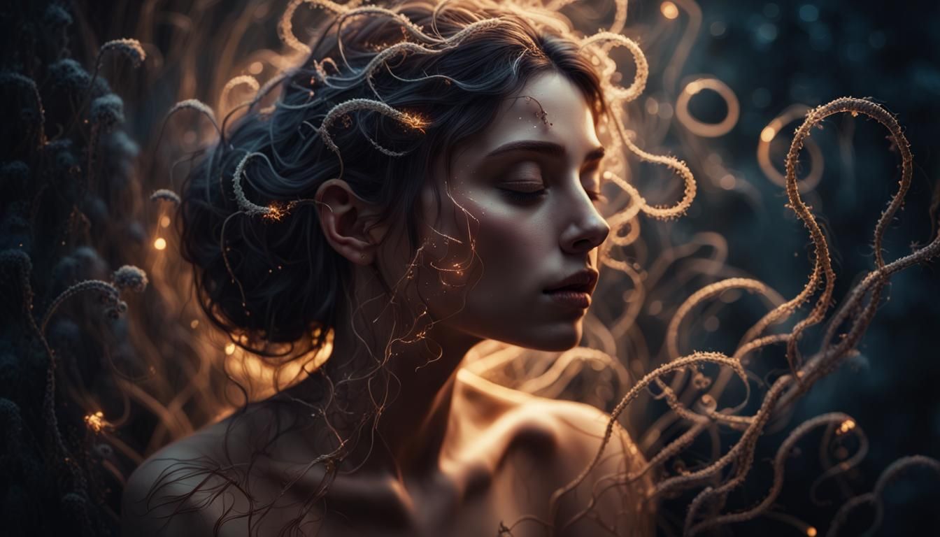 Woman Enveloped in Glowing Night Spores