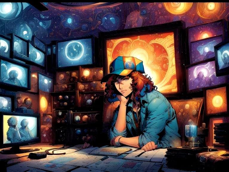 Comic Book Artists at Work in a Retro-Futuristic Studio