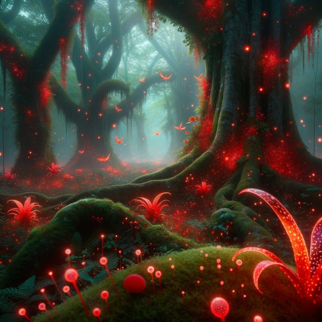 Bioluminescent Forest with Fire Red Foliage