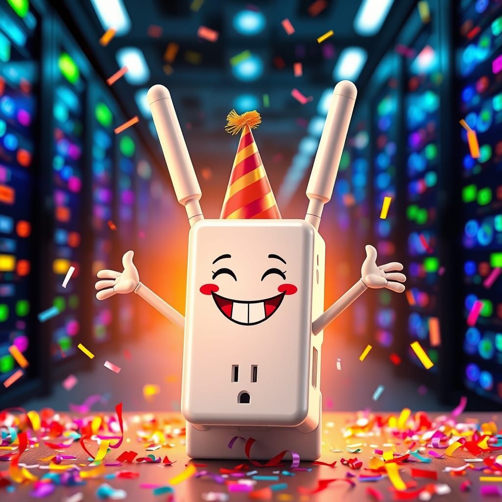 A Wi-Fi extender plugged into an outlet with a surprise face and antennas that look like outstretched arms at a party wi...