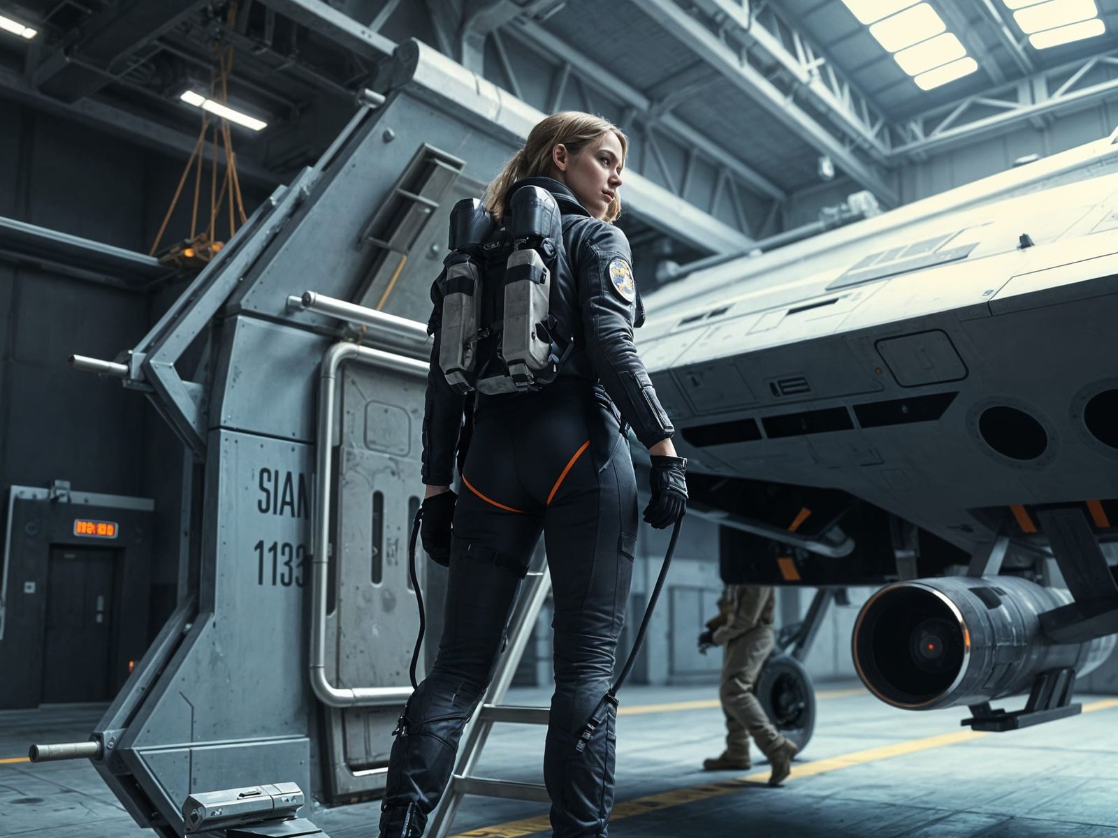 Female Space Pilot Climbing into Fighter Craft