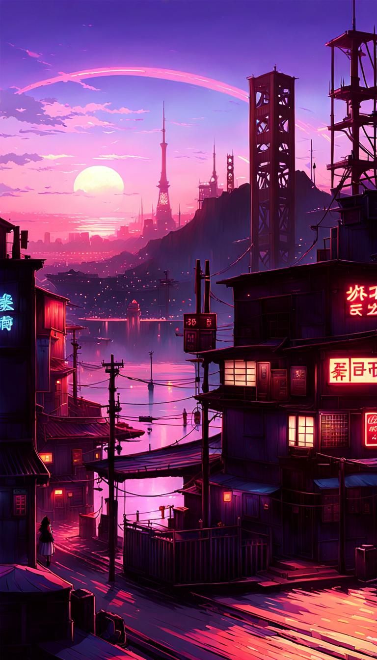 Cyberpunk Shore Town at Dusk: Anime-Inspired Neon Scenery