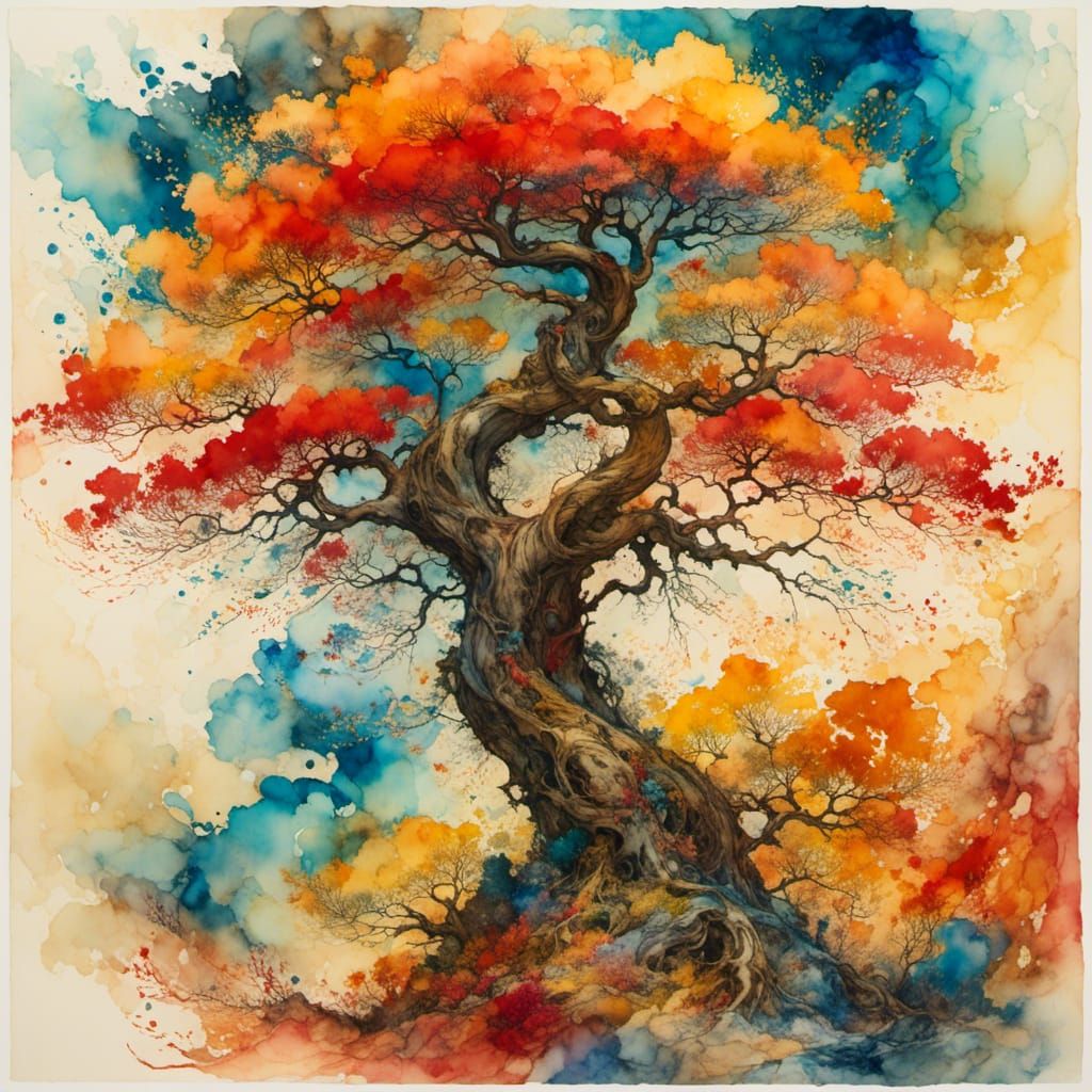 Fantastical Woman-Tree Drawing in Hyperkraximalism Style