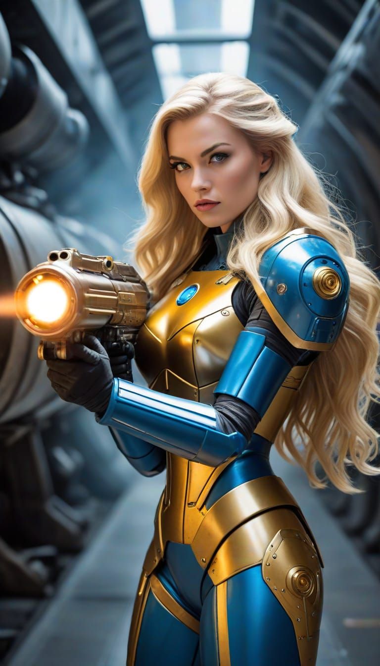 Blonde Warrior in Burning Starship Corridor