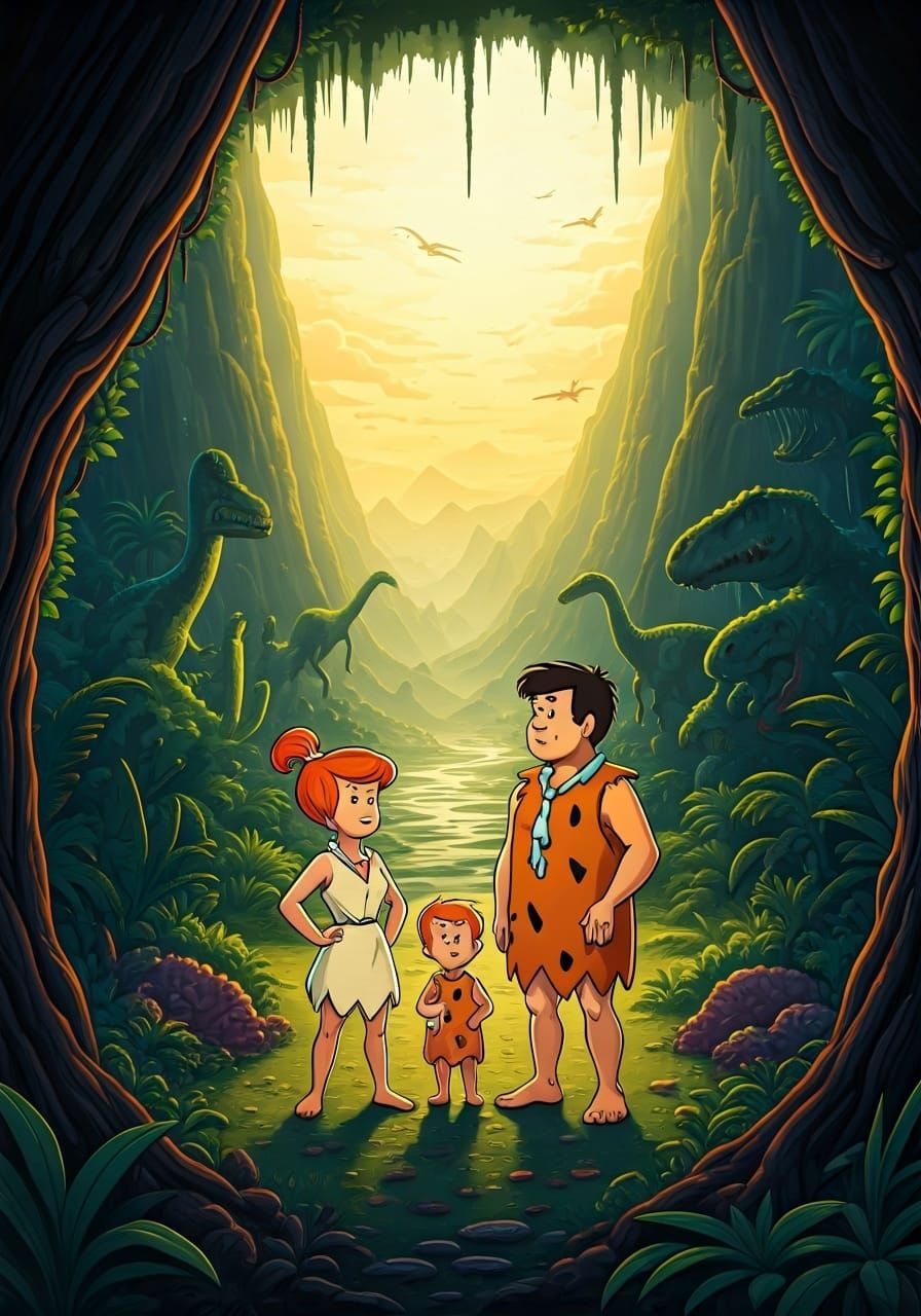 Prehistoric Family in Dinosaur Valley, Cartoon Style
