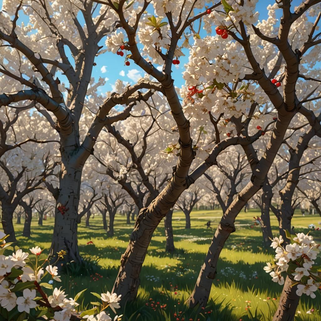 Lively Cherry Orchard Scene in Detailed Concept Art