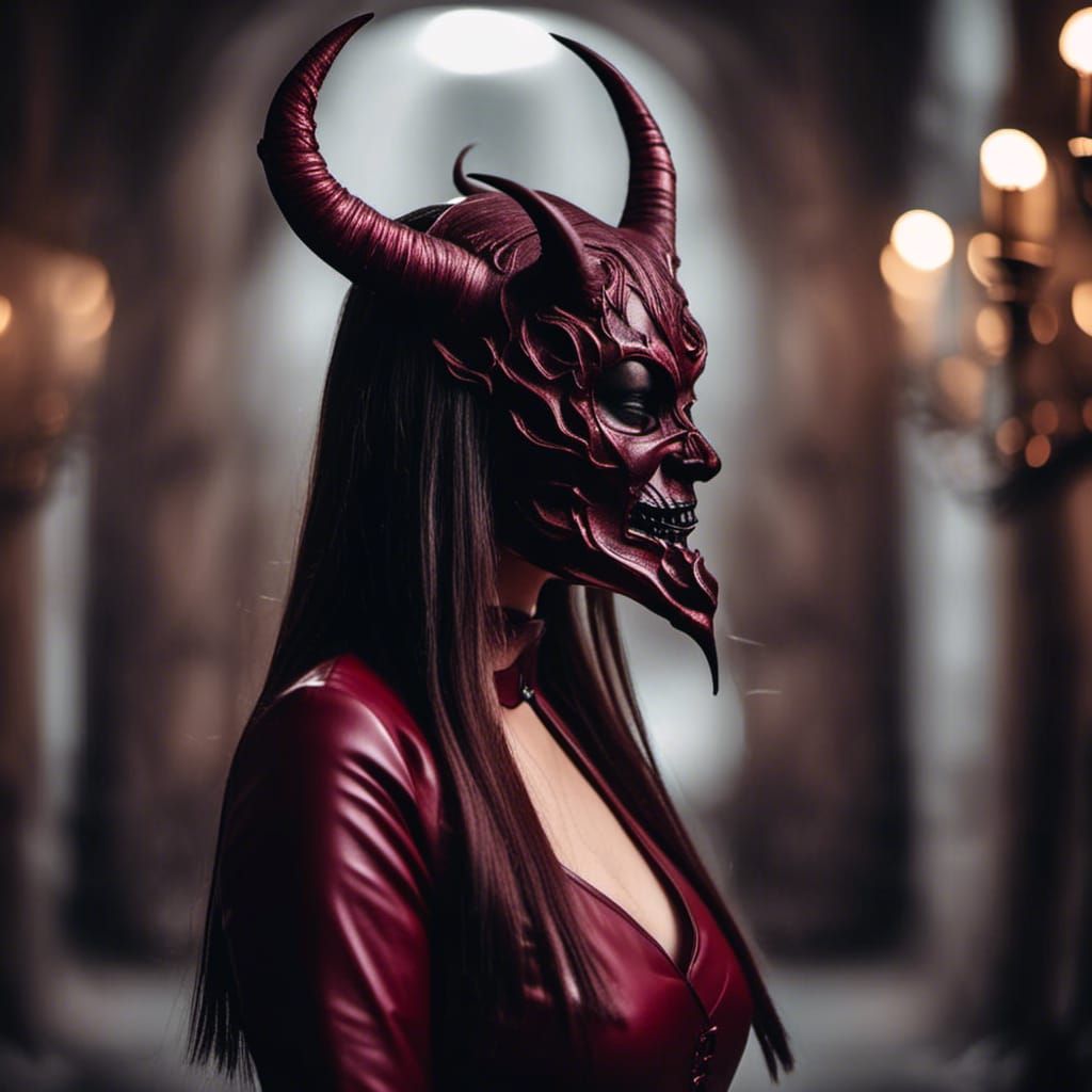 Woman in Maroon Demon Mask, Horror Style