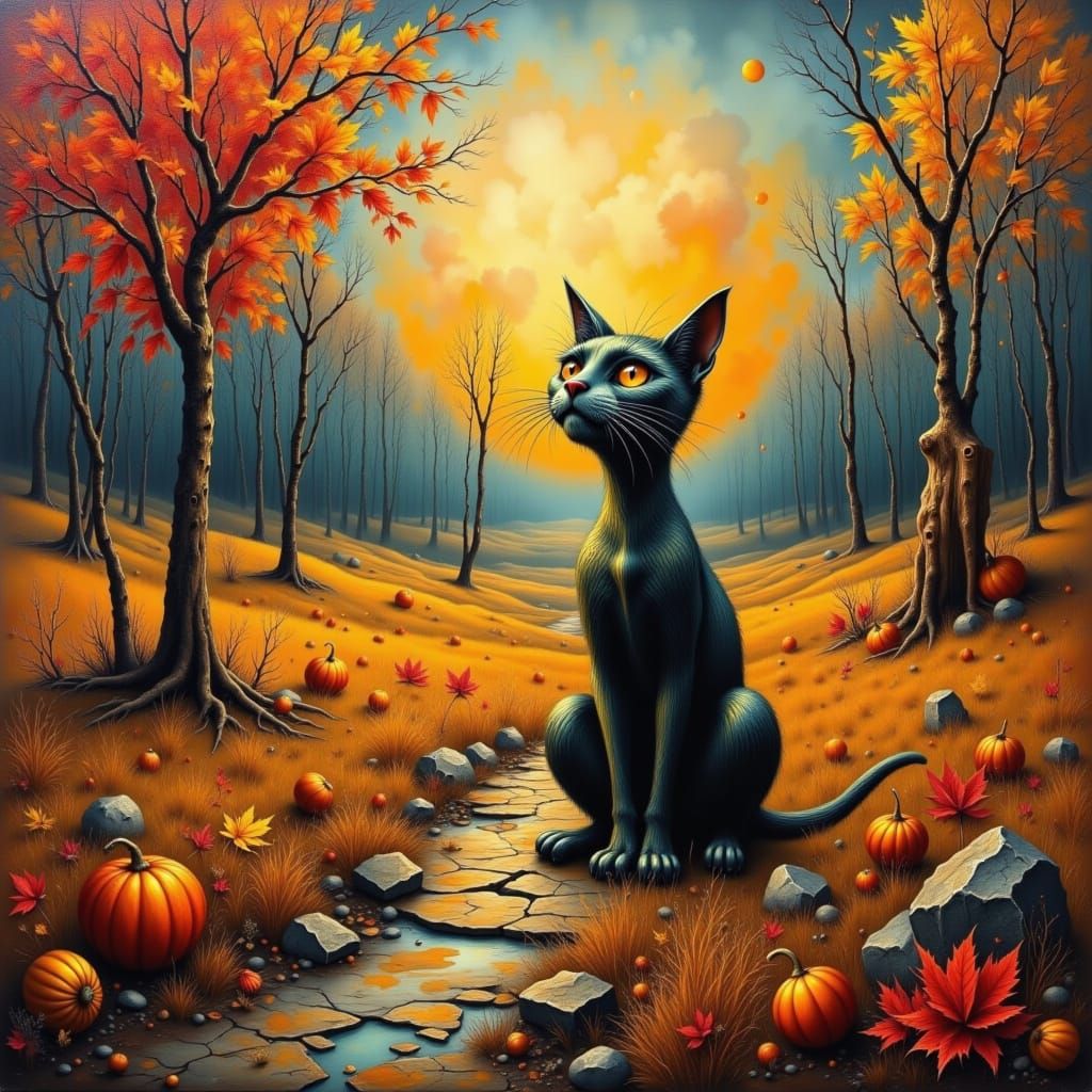 Surreal Cat in Autumn Landscape in Surrealist Style