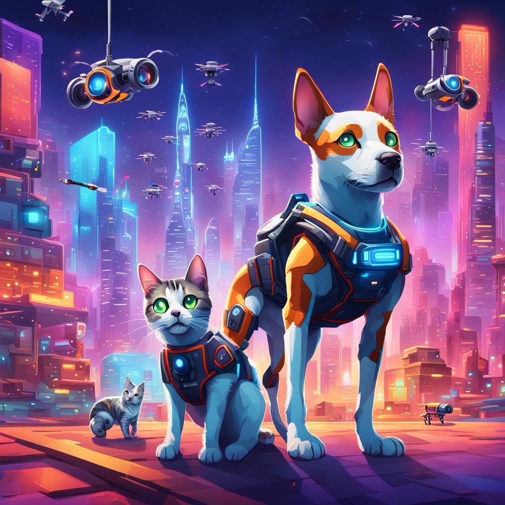 Futuristic Cybernetic Pets in a Sci-Fi Cityscape