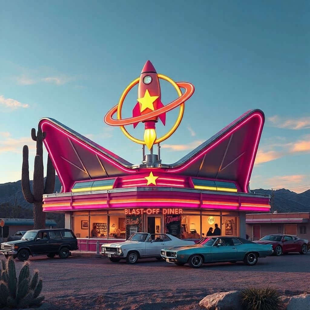 Retro-Futuristic Googie Diner & Space Agency at Dusk