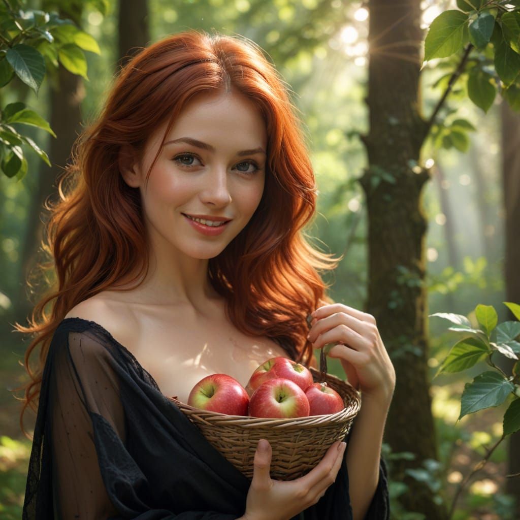 Redhead Woman With Apples in Forest