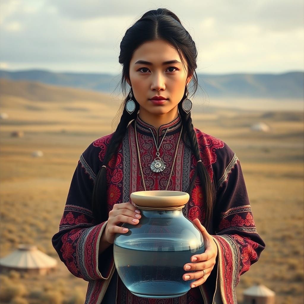 Mongolian Woman in Traditional Attire Amidst Rolling Steppe ...