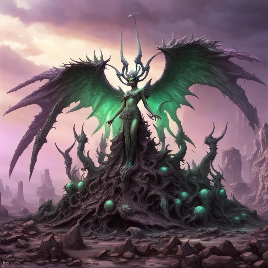 Iridescent Winged Daemon in a Ruined Landscape
