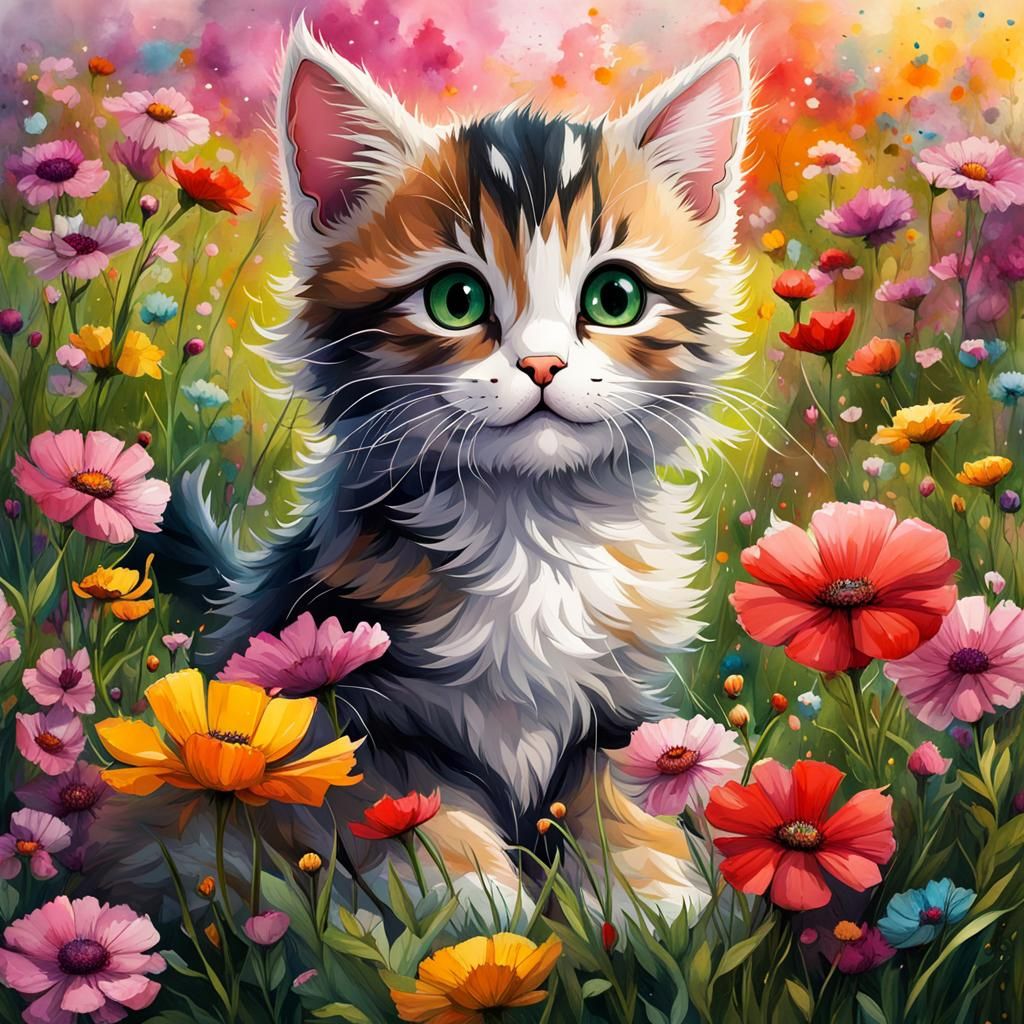 Chibi Cat in Flower Meadow Watercolor Painting