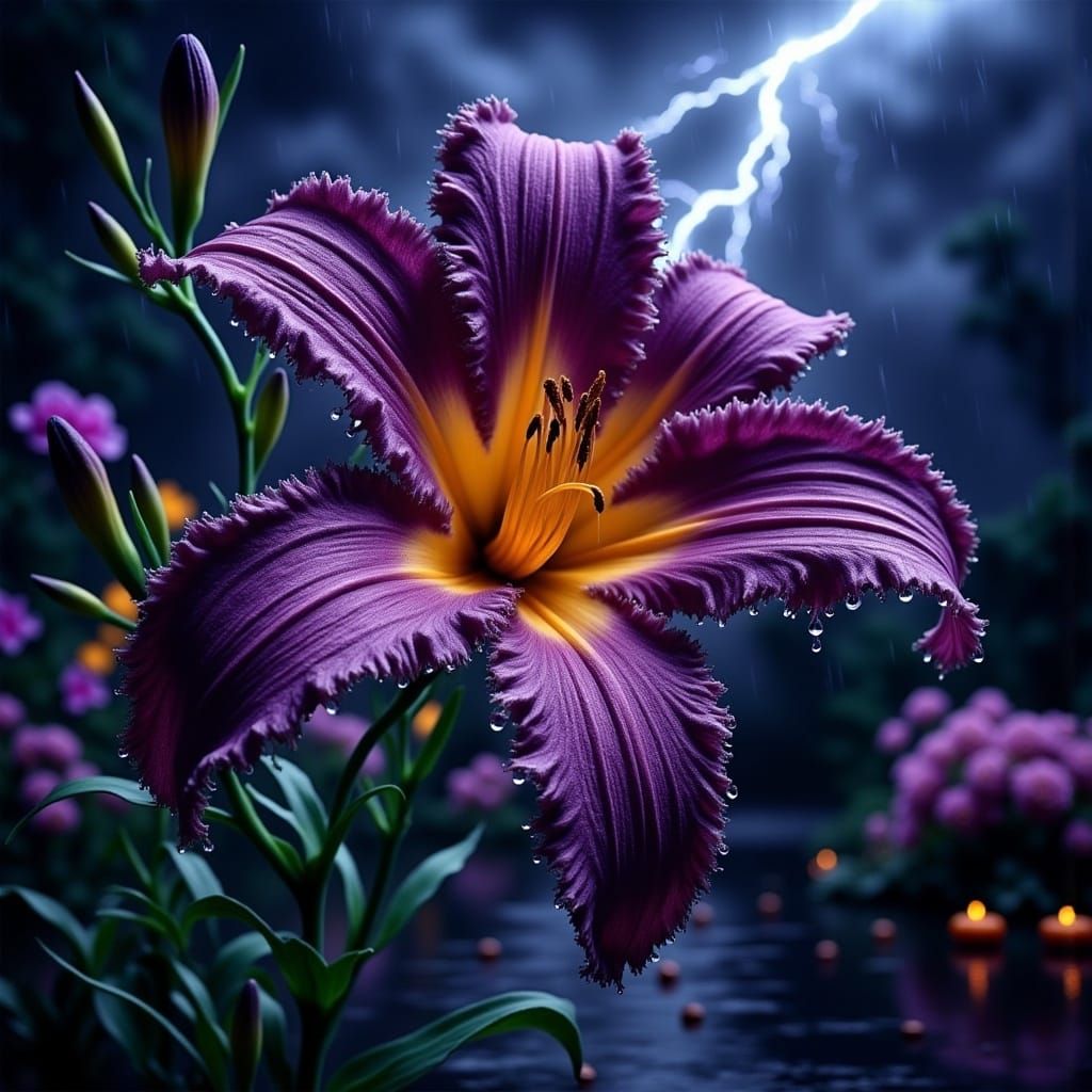 Celestial Daylily Amidst a Stormy Garden in Photorealistic S...