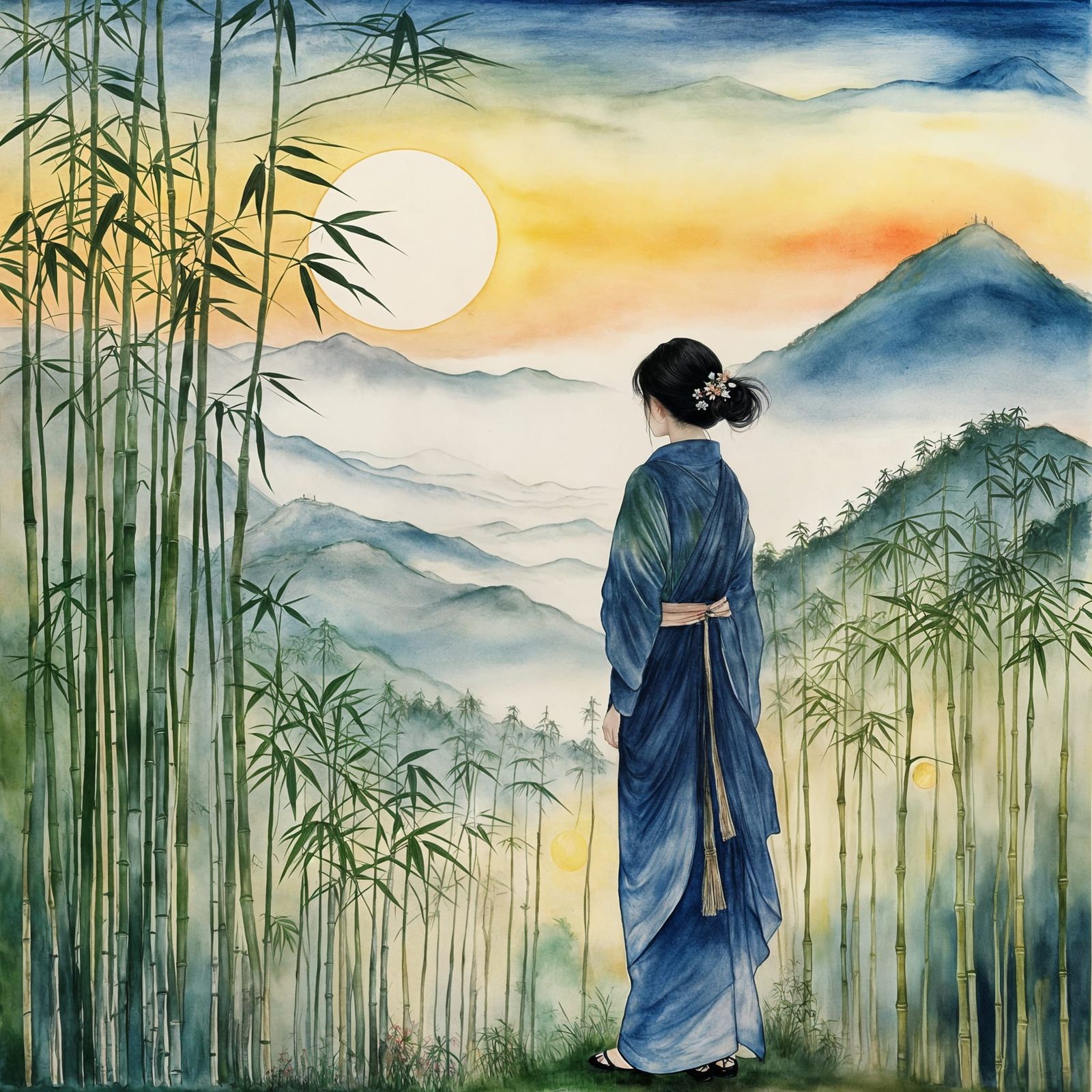 Ethereal Japanese Beauty Amidst Bamboo Dawn