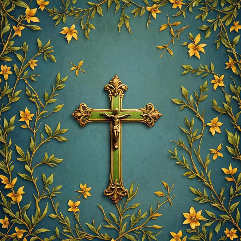 Blue Banner with Antique Yellow Cross and Olive Branches