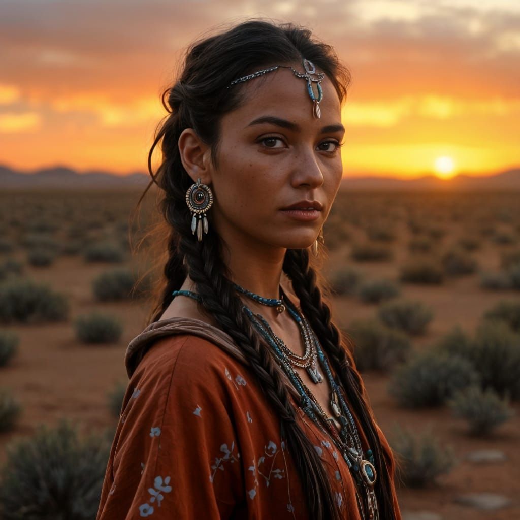 Hyper-Realistic Portrait of a Native American Woman in a Des...