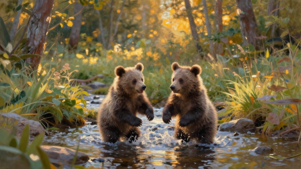 Two Cute Bear Cubs Splashing in a Sunlit Forest Stream