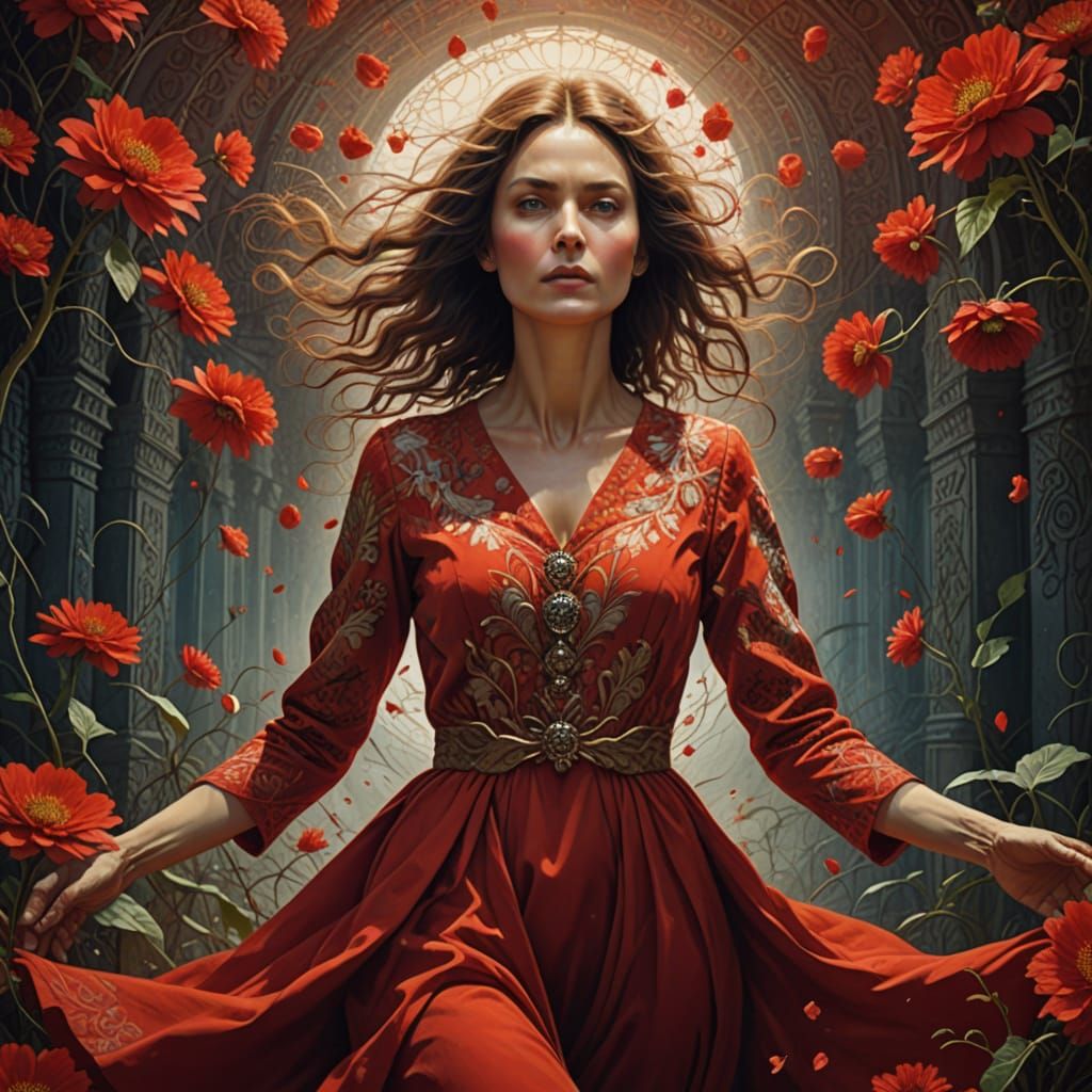 Mature Woman in Red Dress, Dynamic Pose, Surreal Fantasy Art