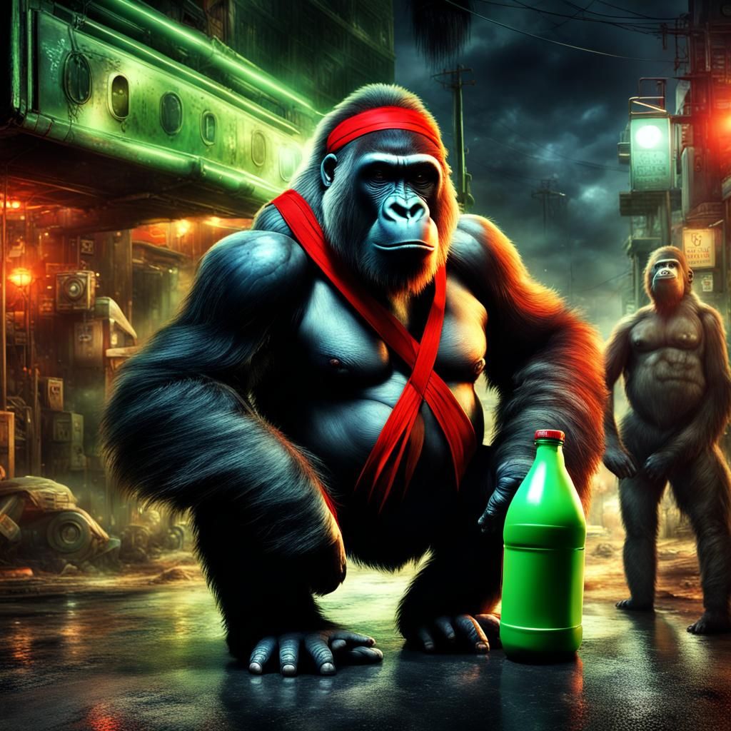 Gorilla Rambo in Nightlife Street Scene, Digital Painting