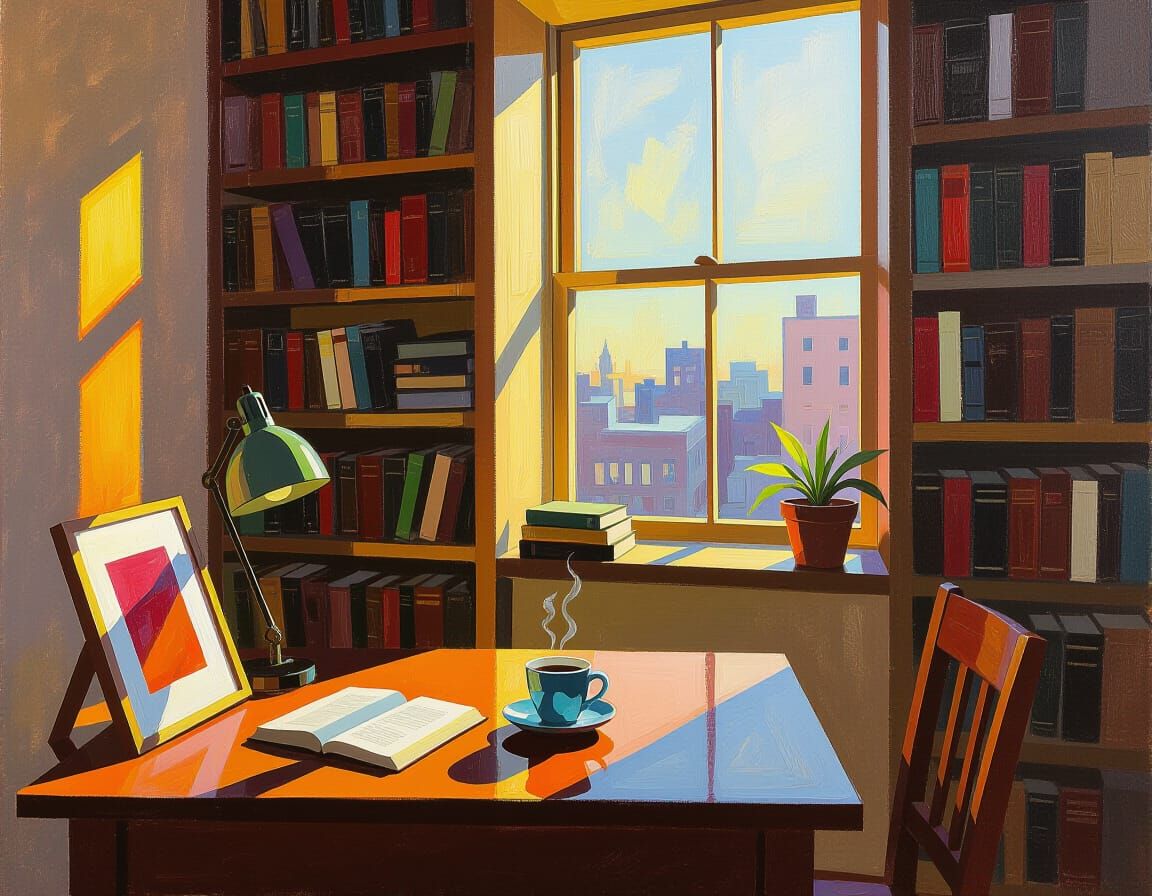 Abstract Expressionist Room with Bookshelves and Coffee