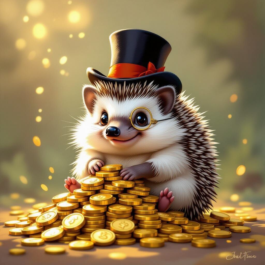 Charming Hedgehog Counts Gold Coins in Painterly Style