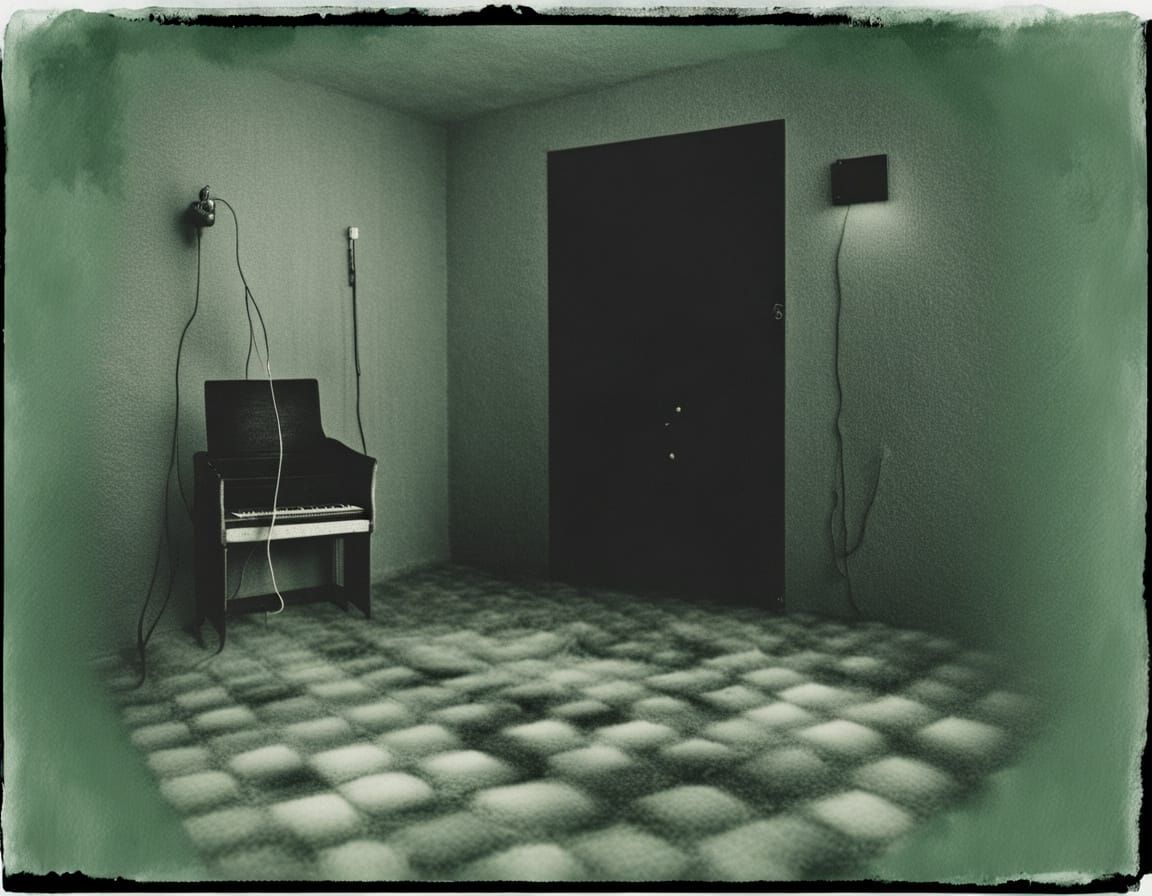 Creepy Analog Polaroid of Liminal Hallway in Grey-Green Tone...