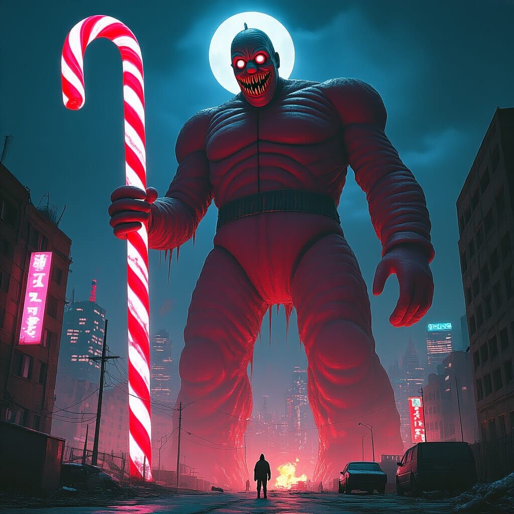 Gigantic Candyman Supervillain in Dystopian City
