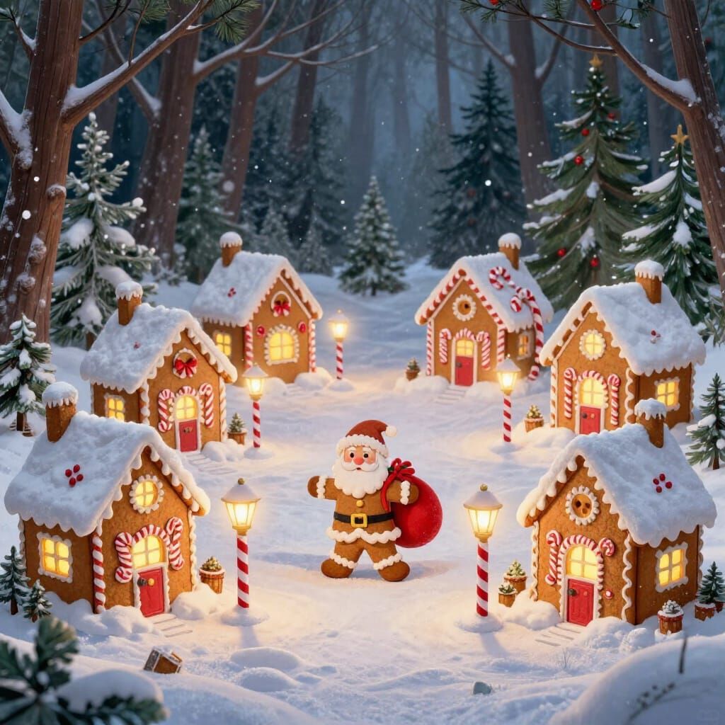 Whimsical Gingerbread Village in Snowy Forest