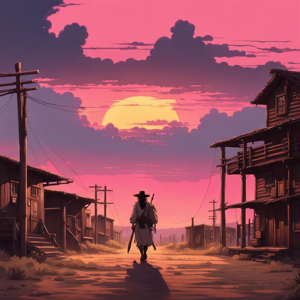 Native American Warrior in Cowboy Town, Ghibli-esque