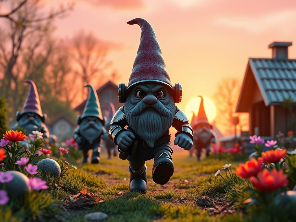 Vibrant Gnome Army Charges Through Whimsical Landscape
