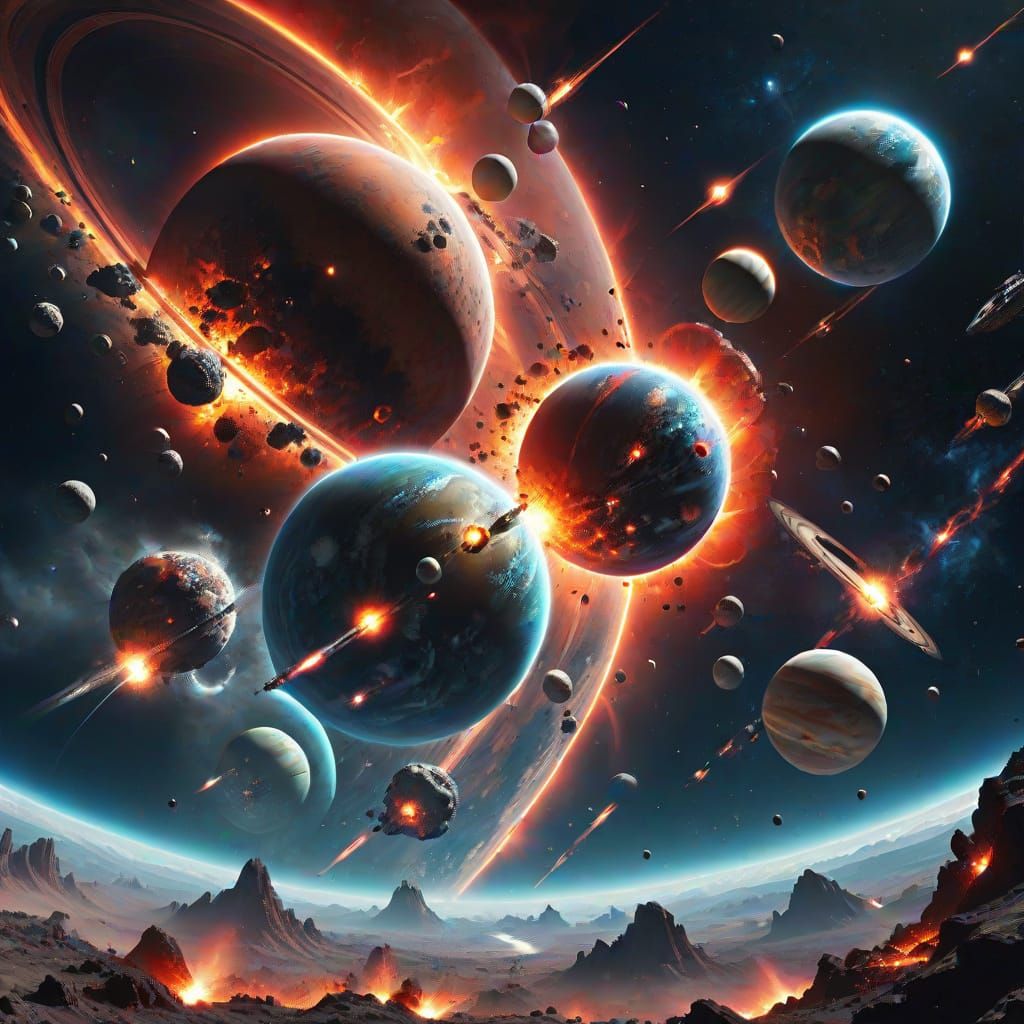 Planetary Collision: Five Planets Aligned in Cosmic Art