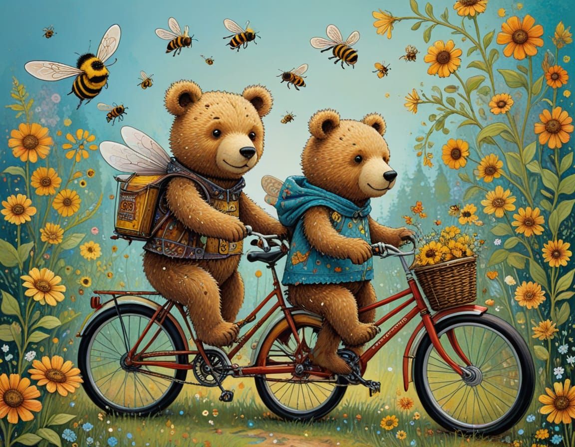 Vibrant Storybook Illustration of a Teddy Bear Riding a Bicy...