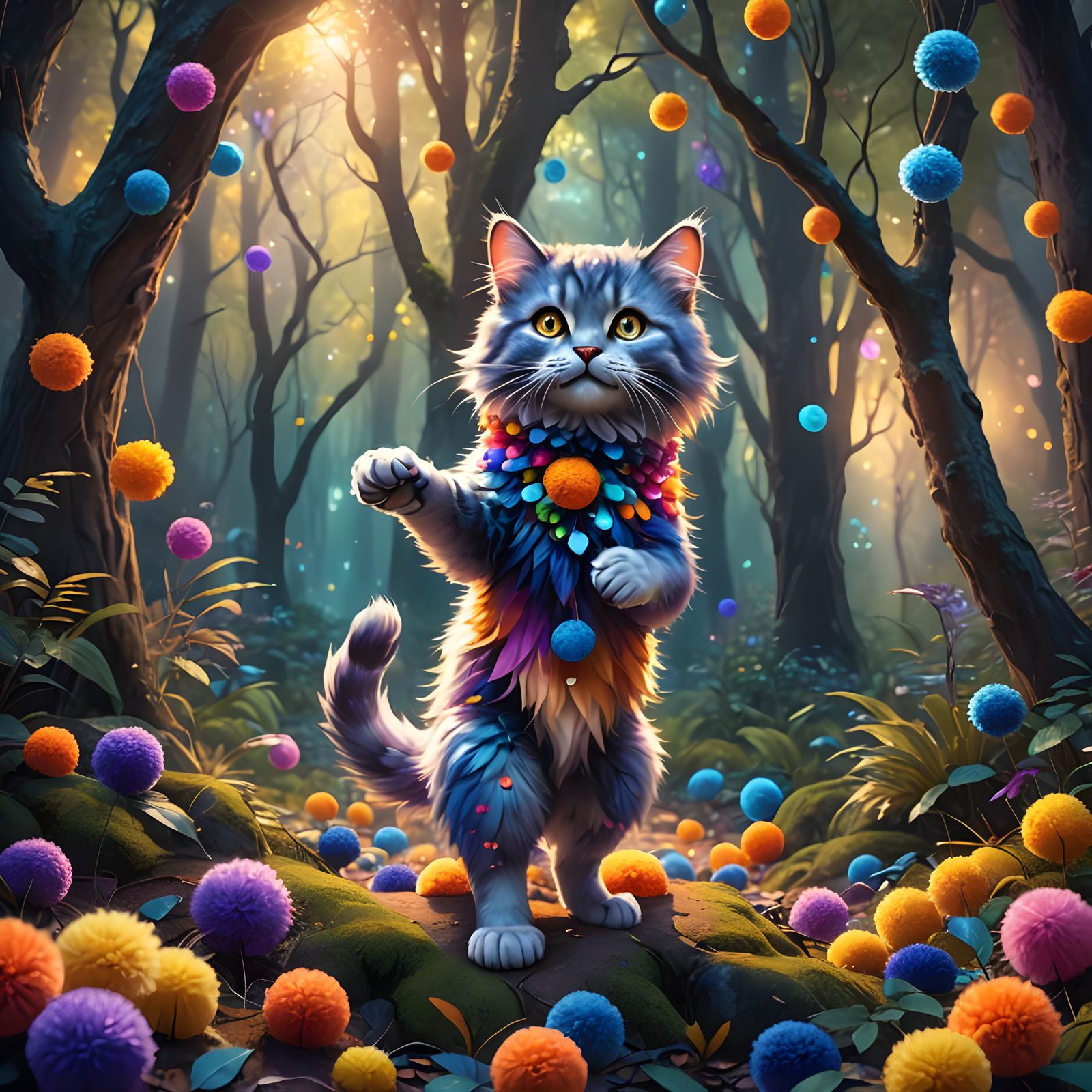 Cat with Pom Poms: Detailed Fantasy Concept Art