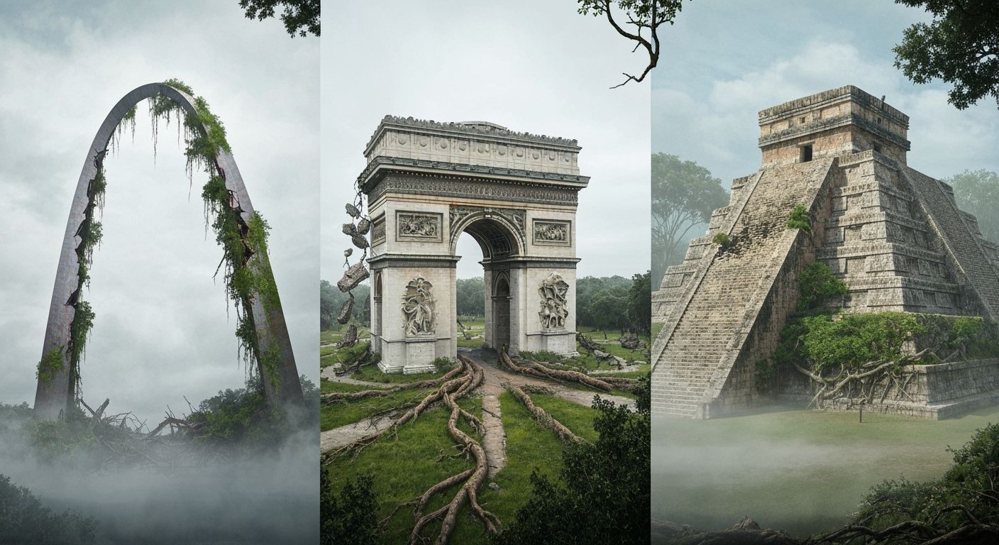 Ruined Monuments Overrun by Nature: A Surreal Triptych