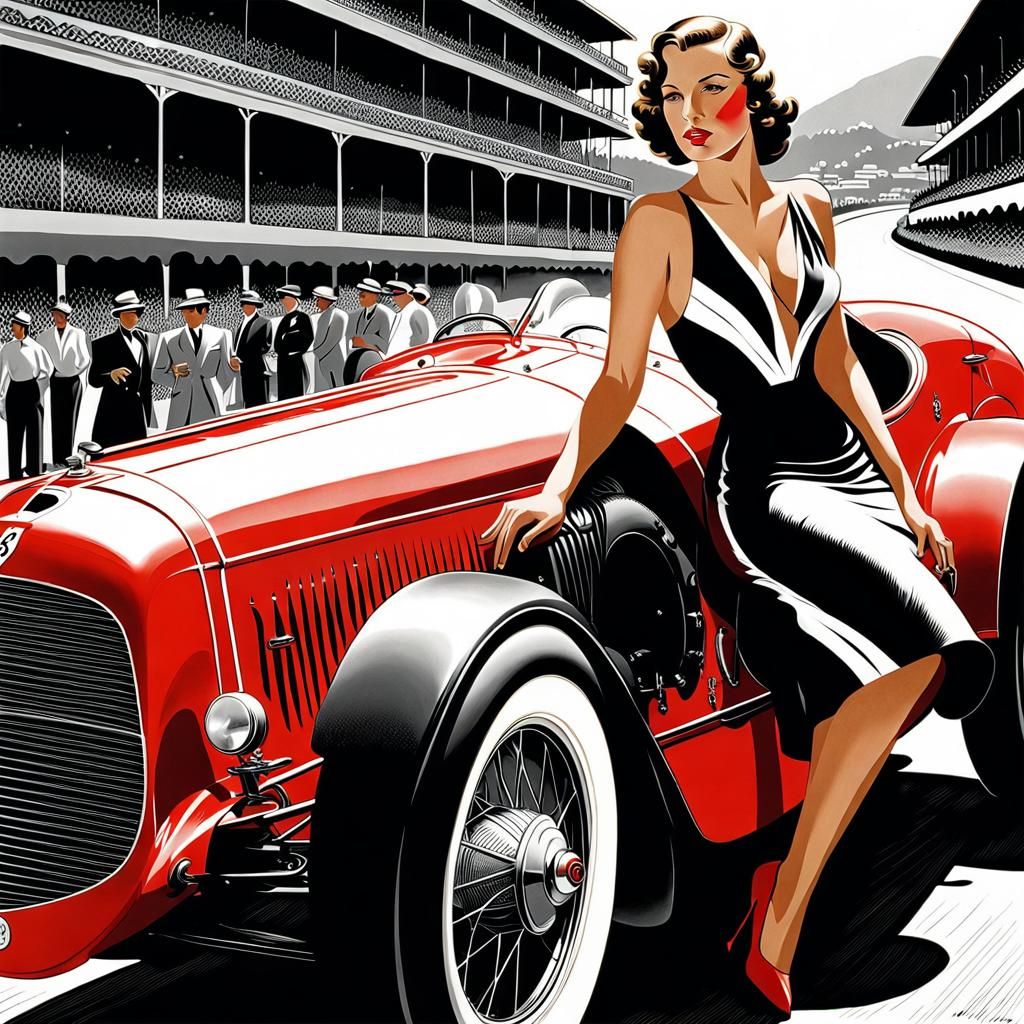 1930s Racing Champion in Linoengraving Style