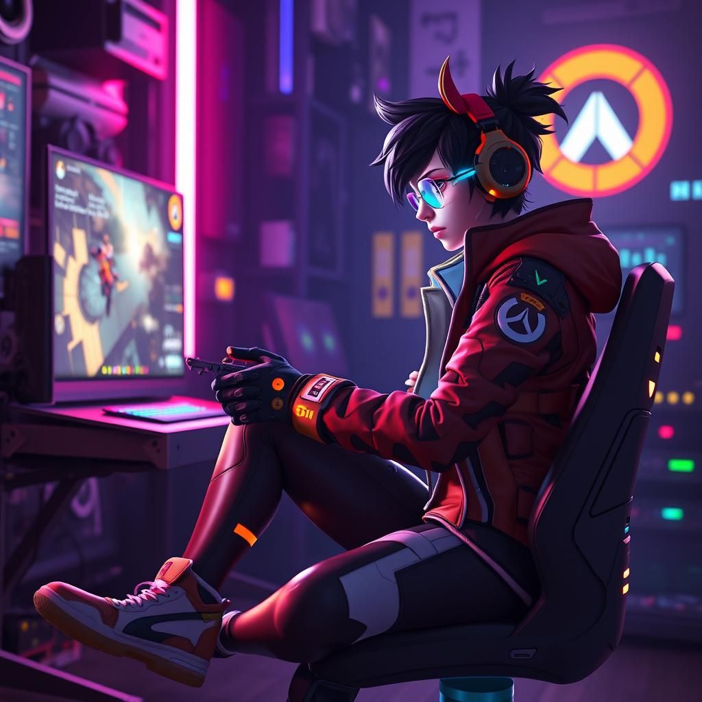 Tracer from Overwatch Plays Video Game in Cyberpunk Room