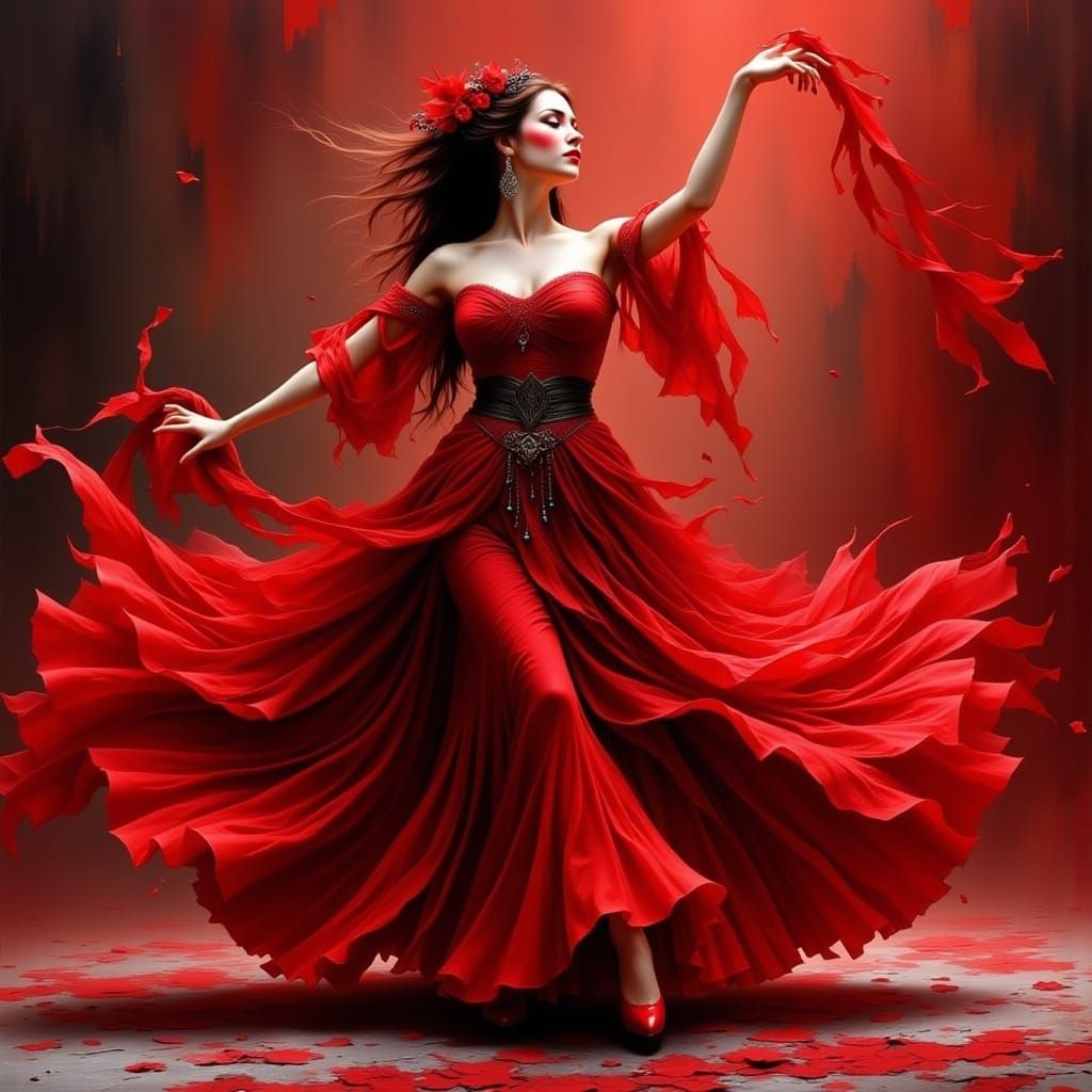 Surreal Red Dancer in Dynamic Flux