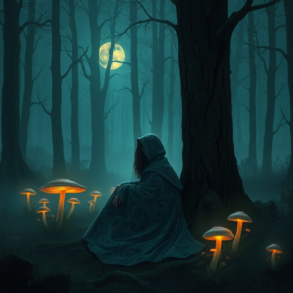 Ethereal Woman in Glowing Forest, Dreamlike Illustration