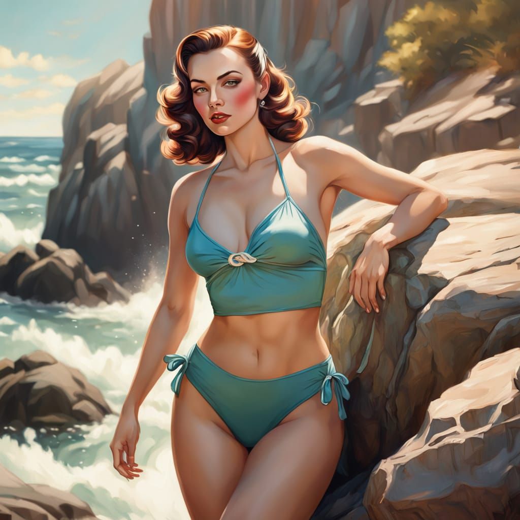 Beautiful Woman in Swimsuit Poses on Rocky Shore in Soft Foc...