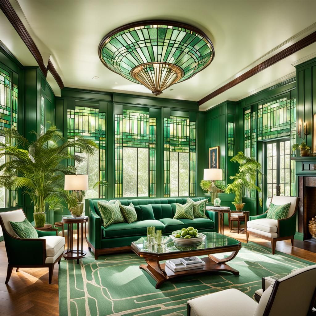 Art Deco Southern Living Room in Green Glass