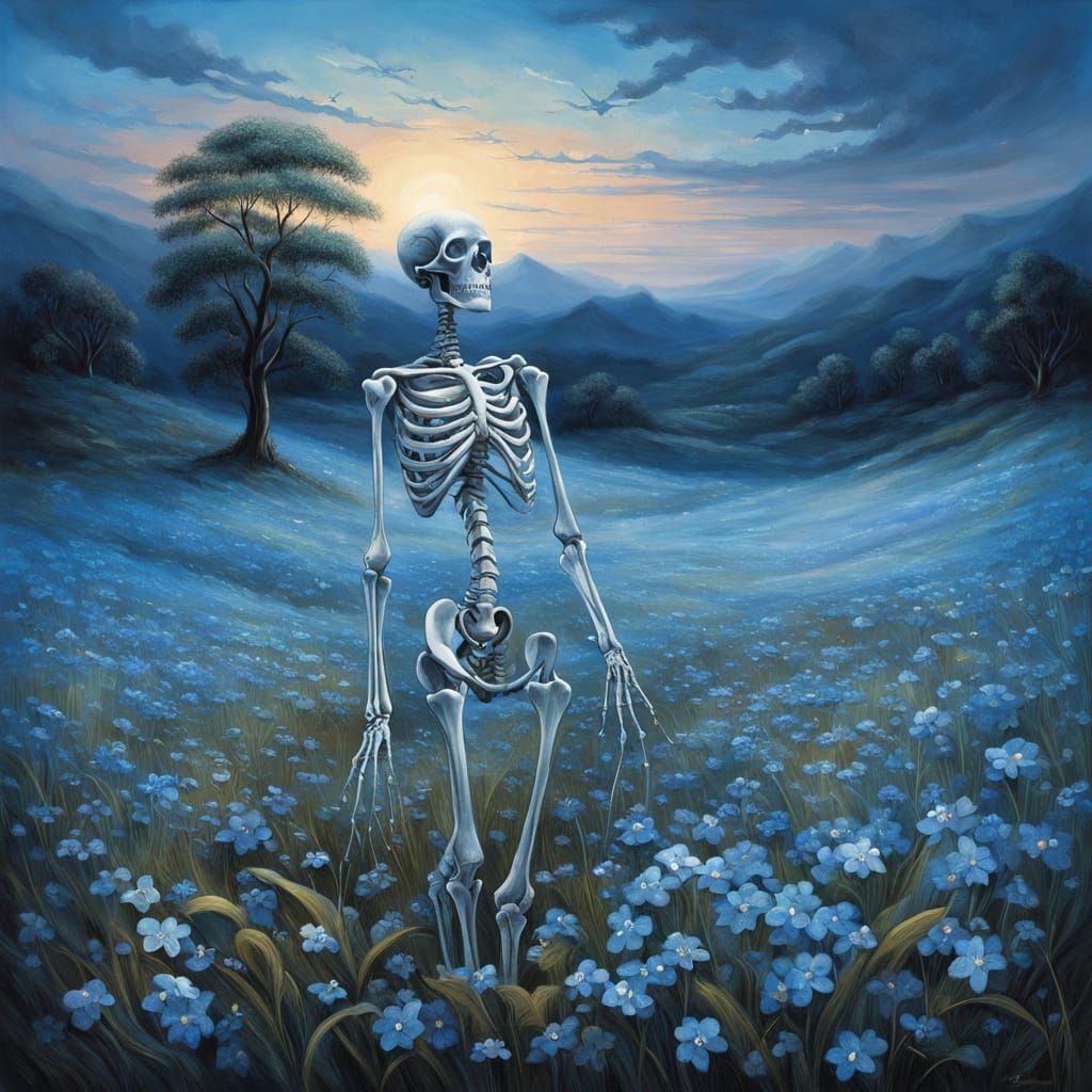Skeleton Adorned with Flowers in Ethereal Meadow