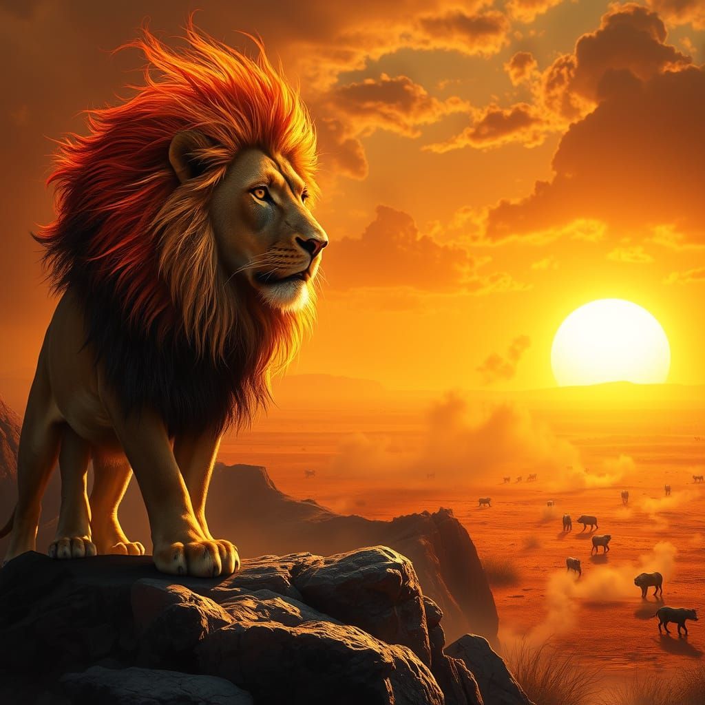 Lion with Flaming Mane Overlooking Savanna