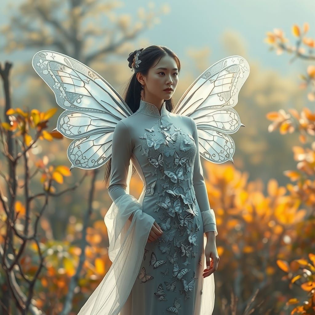 Silver Butterfly Woman in Forest, Hyperrealistic 8K
