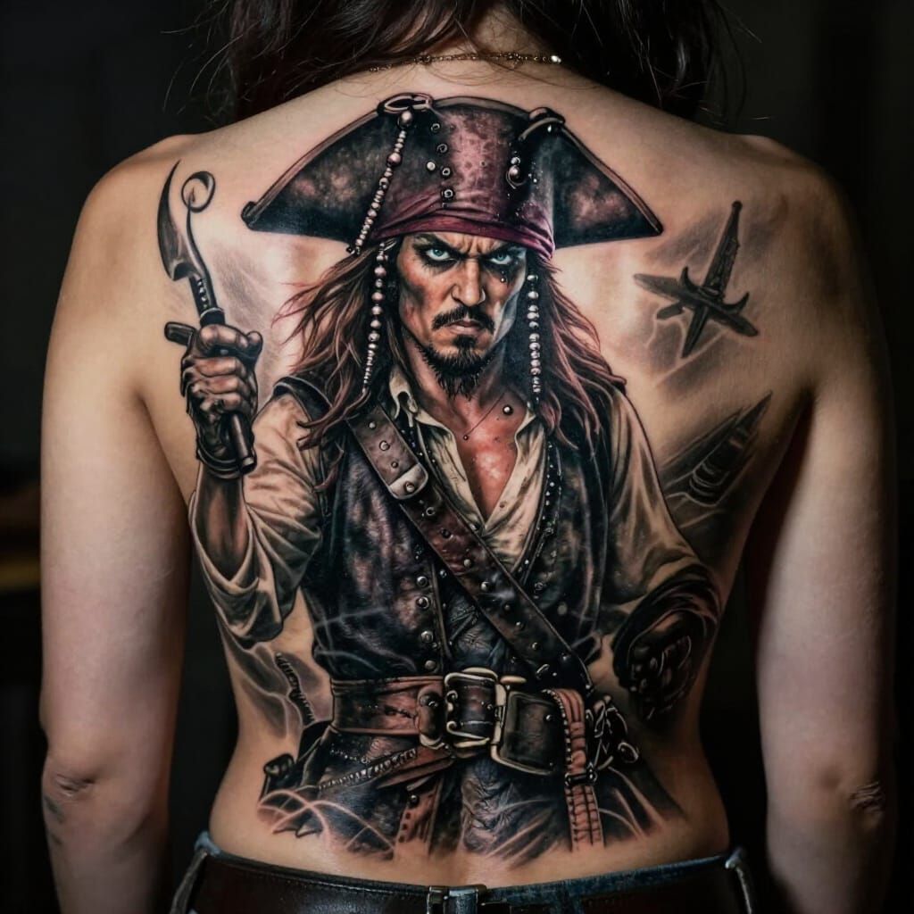 Intense Pirate Tattoo on Woman's Back in Dark Style