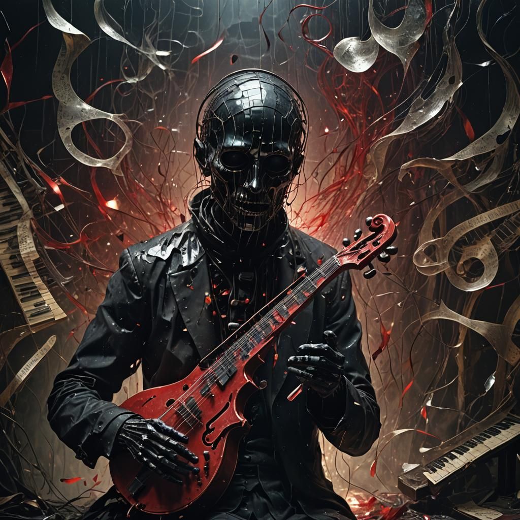 Dark Surrealism: Eerie Musician in Dim Chamber